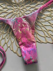 Swim SXY 性感泳装两件套，蛇纹挂脖三角文胸配侧系带丁字裤，春夏海滩度假 - 玫紅色 - 查看 6