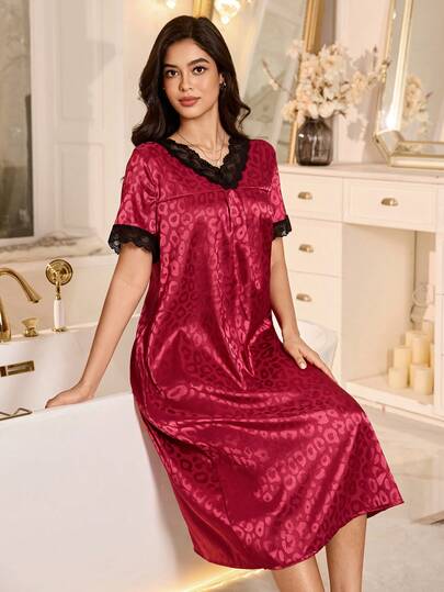 SHEIN Black Lace Trim Red Leopard Jacquard Faux Silk Women Nightgown Night Gowns For Women Lace Nightgown Leopard Nightgown Red Dress