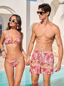 Manfinity VDAYZ Quần short đi biển nam kiểu dáng thường ngày, họa tiết hoa. - Đỏ - Xem 5