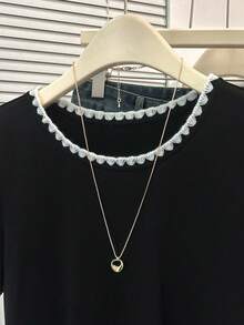 Resyla 女士休闲宽松装饰边短袖圆领T恤，黑色，夏季 - 黑色 - 查看 3