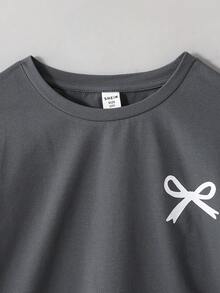 2件套少女休闲时尚宽松蝴蝶印花T恤和修身骑行短裤套装 - 深灰色 - 查看 5