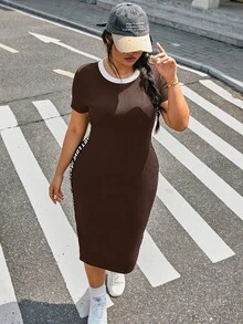 SHEIN EZwear Đầm ôm sát màu đen cỡ lớn, phối màu tương phản, thích hợp cho mùa Xuân/Hè. - màu nâu - Xem 6
