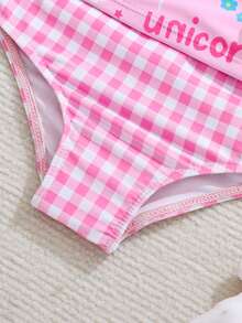 Cozy Pixies 2pcs/Set Baby Girl Cute Casual Pink Cartoon Pony Pattern 3D Mesh Long Sleeve Top And Plaid Shorts Swimsuit - Multicolor - View 4