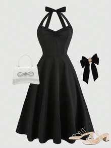 Girlism Đầm dự tiệc/dạ hội/cocktail màu đen dệt kim ôm eo dành cho bé gái tuổi teen, dây mảnh, họa tiết bướm. - màu đen - Xem 1