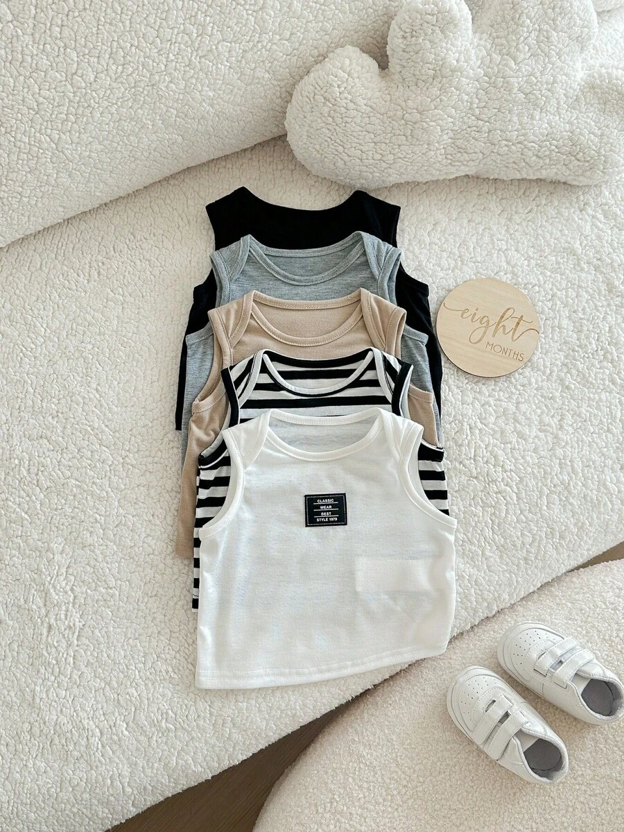 SHEIN 新生男宝宝可爱百搭休闲针织条纹背心，多色 - 彩色 - 查看 1