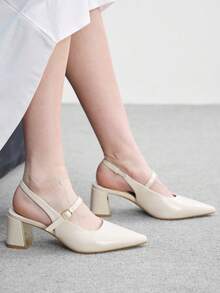 CUCCOO BIZCHIC Women Shoes Women's Pointed Thick Medium Heel Beige Slingback Women's High Heel Shoes Stylish And Comfortable Commuters Business Versatile Women's Slingback Shoes Spring Shoes - Off-white PU - View 4