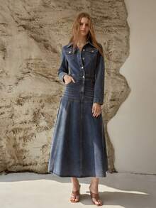 MOTF PREMIUM WASHED FLOWY HEM DENIM SHIRT DRESS, SPRING/SUMMER - Blue - View 4