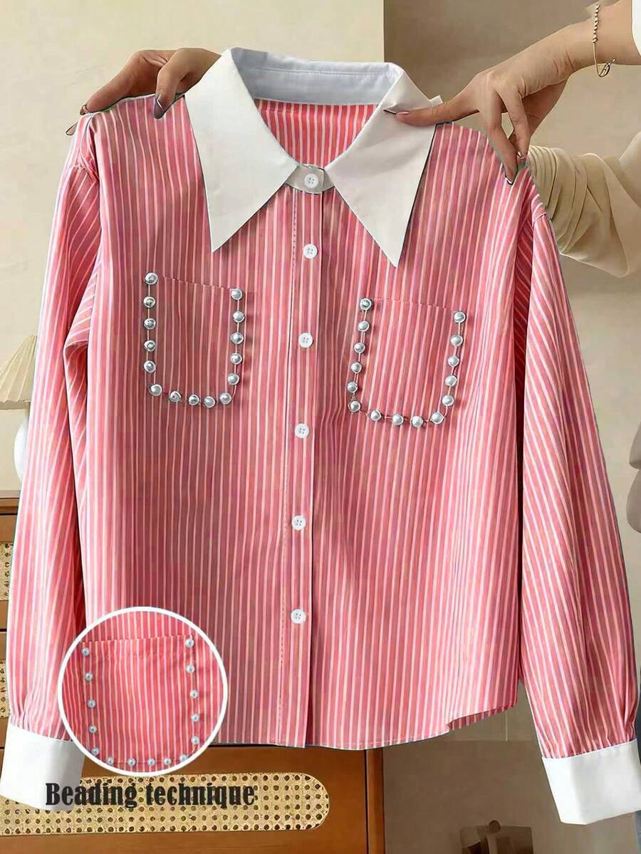 SHEIN LUNE 女士优雅法式串珠条纹派对衬衫 - 彩色 - 查看 1
