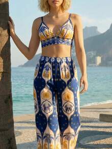 CAJUNI Set di canotta corta e pantaloncini con stampa di palme, adatto per vacanze - Multicolore - Visualizzare 8