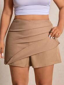 Elaquor Plus Size Solid Color Elastic Waist Skort , Spring/Summer - Khaki - View 4