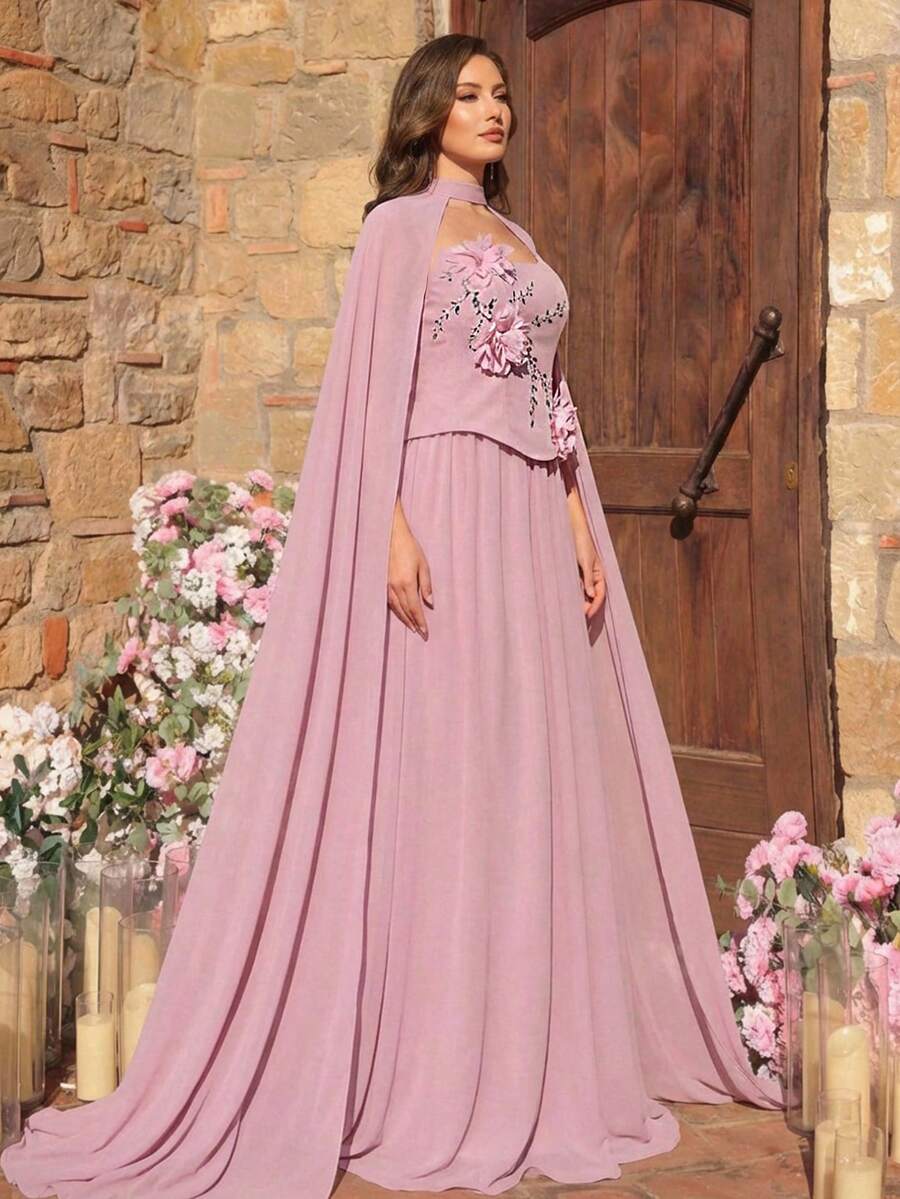 Aureia Áo choàng dáng chữ A bằng chiffon màu hồng sen thanh lịch, sang trọng, cỡ lớn, cổ áo buộc eo, thích hợp cho tiệc tối, hẹn hò, dạ hội, kỳ nghỉ, đám cưới, sự kiện trang trọng.