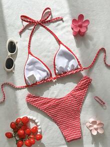 Swim Mod Women's Plaid Jacquard Halter Bikini Set, Spring/Summer - Multicolor - View 3