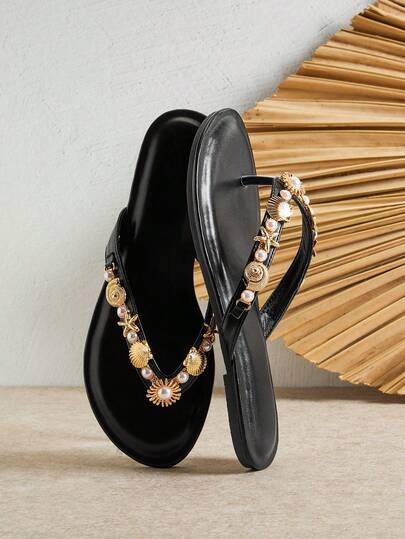 SHUZIA Sandal đế bằng quai chữ T thoải mái dành cho nữ, trang trí họa tiết vỏ sò.