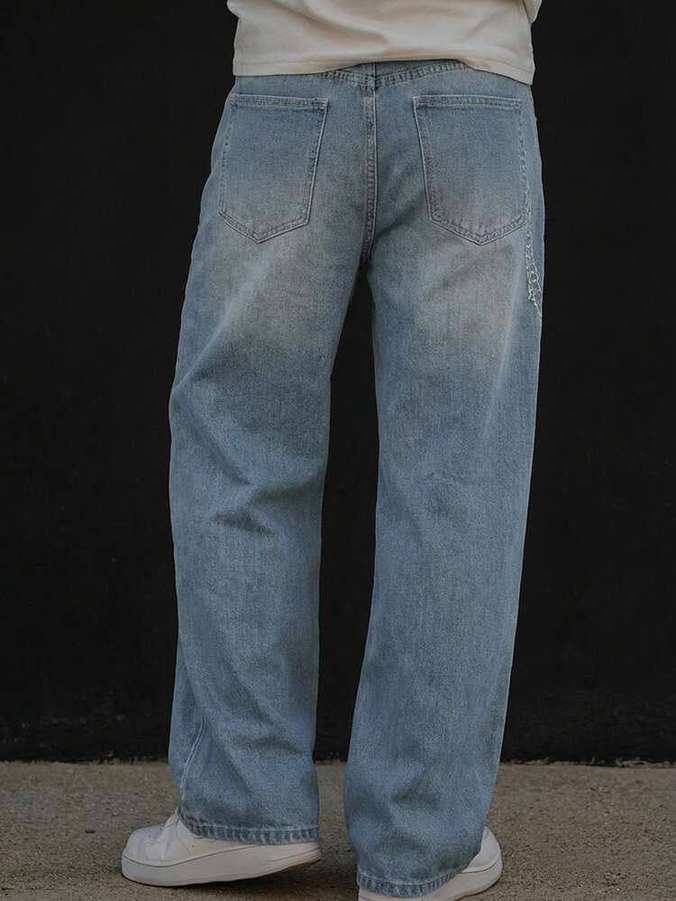 Vintage Wash Decorative Chain Print Long Blue Men's Denim Jeans, Spring