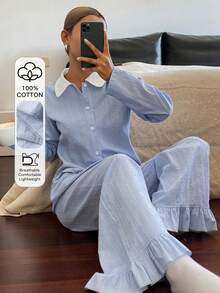 DAZY Women's Contrast Color Collar Patchwork Polka Dot Fabric Ruffle Trim Pajama Set - Blue - View 1