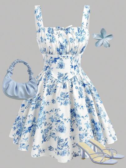 Girlism Vestido casual de vacaciones con tirantes finos con estampado floral azul y blanco para adolescentes