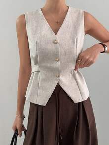 DAZY Women's V-Neck Sleeveless Backwaist Tie Urban Casual Thin Blazer - Khaki - View 3