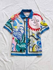 Soleia 女士彩色涂鸦印花翻领衬衫，适合海滩、邮轮、城市、度假、约会、下午茶、音乐节、波西米亚风、海滩度假村、海岛度假村、海滩假期、音乐节等场合，四季皆宜，日常通勤也适用。 - 彩色 - 查看 6