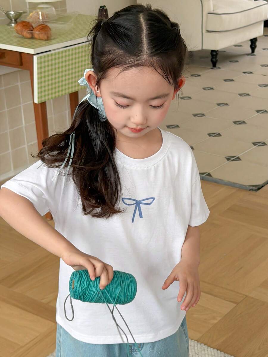 DAZY 少女标语蝴蝶结印花圆领短袖休闲T恤 - 白色 - 查看 1