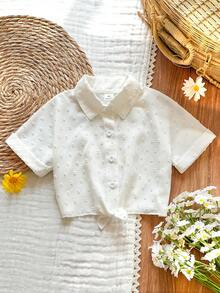 SHEIN Vintaside Kids Young Girl Vacation Beach Casual Versatile Embroidery Hollow White Loose Short Sleeve Blouse,Holiday,Summer,Travel - White - View 5