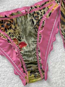 Soleia Bikini vintage con volant, stampa multicolore di leopardo, zebra e fiori, con fiocco davanti e nappe, adatto per la spiaggia e le vacanze - Multicolore - Visualizzare 4