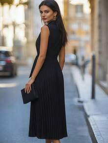 Balvessa Black Blazer Collar Wrap Tie Pleated Elegant Dress For Women - Black - View 2