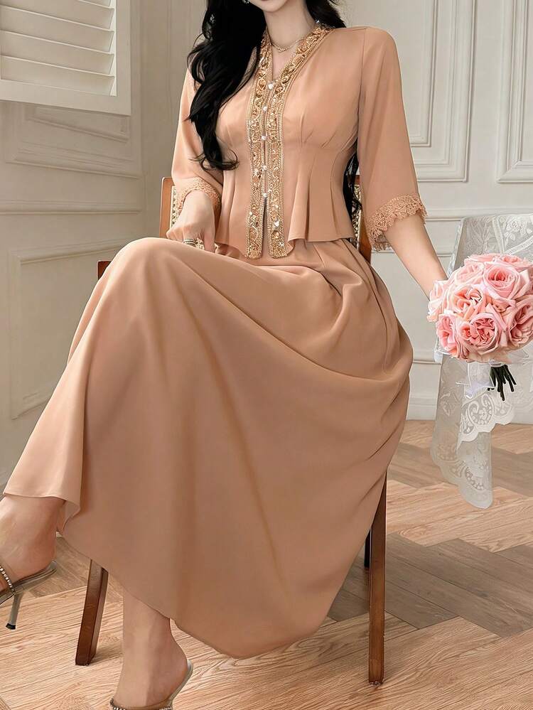 Women's Sequin Patchwork 3/4 Sleeve Blouse And Skirt Elegant 2 Pieces Set