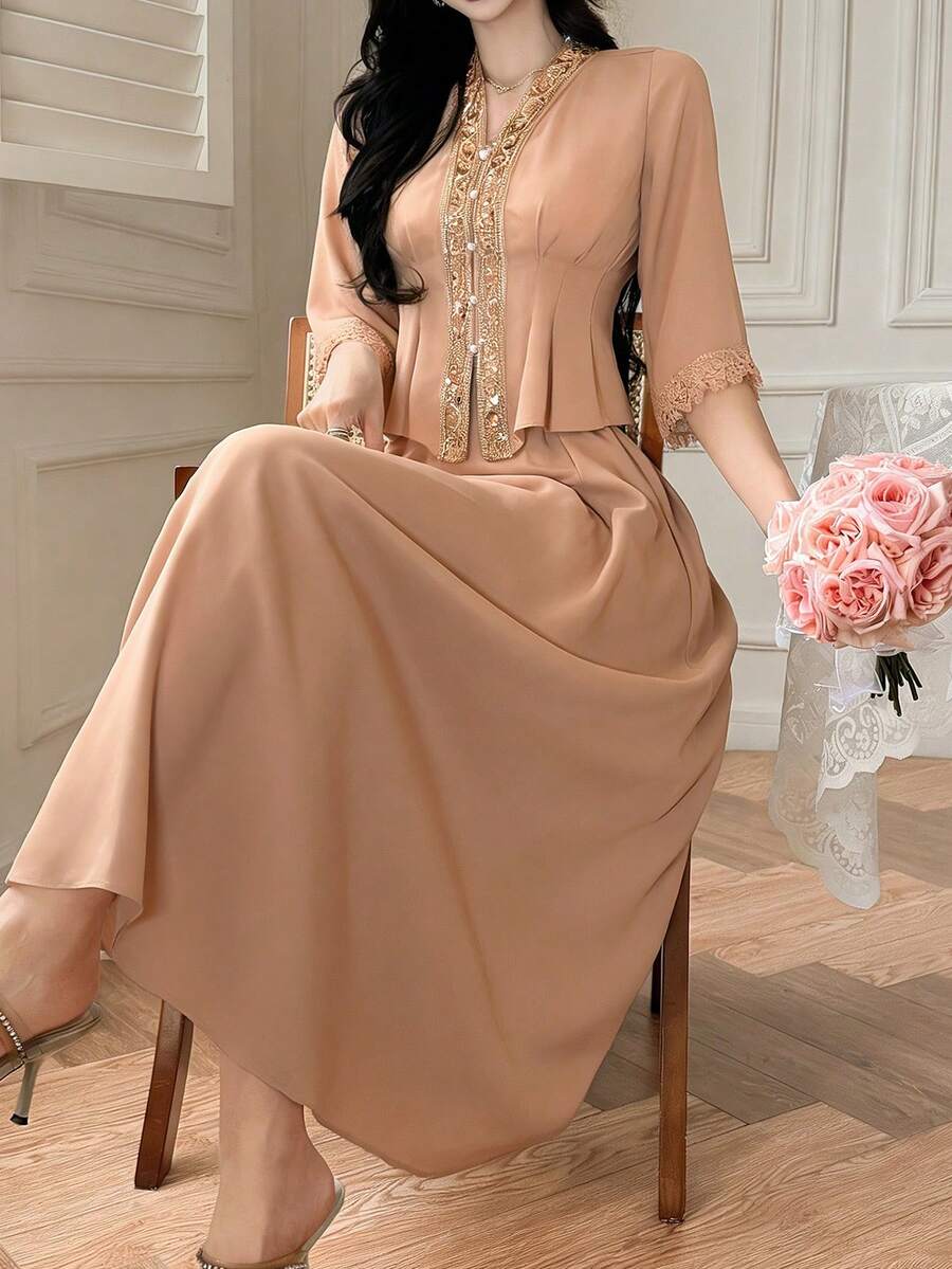 DAZY Women's Sequin Patchwork 3/4 Sleeve Blouse And Skirt Elegant 2 Pieces Set - Pink - View 1