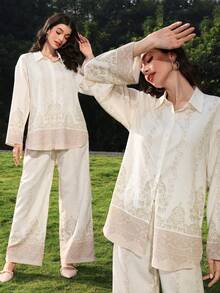 Mulvari Women's Casual Vacation Style Plant Print Drop Shoulder Loose Flare Sleeve Shirt And Wide Leg Pants Set, Spring/Autumn - Multicolor - View 2