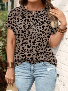 EMERY ROSE New Leopard Print V-Neck Short Sleeve Plus Size T-Shirt, Popular For Women In Spring/Summer - Multicolor - View 4