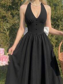 SHEIN MOD 女士优雅中长连衣裙，饰有蝴蝶结和露背设计，夏季 - 黑與白 - 查看 2