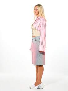 SUMWON WOMEN 条纹超大款短款纽扣领长袖宽松休闲衬衫，正面系带细节 - 粉色 - 查看 5