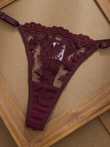 女士花卉刺绣吊带文胸、丁字裤和吊袜带身体饰品内衣套装，性感日常穿着 - 紅木色 - 查看 4