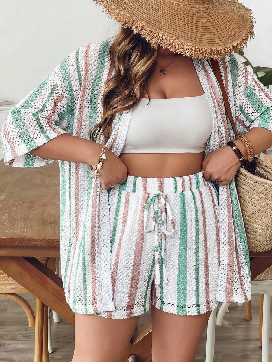 SHEIN VCAY 大码女式蓝白条纹针织衬衫短裤两件套，夏季度假 - 彩色 - 查看 1