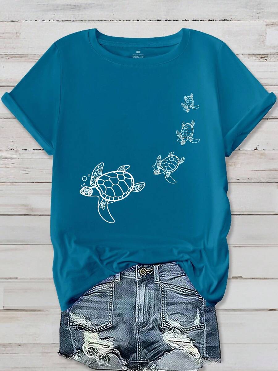 EMERY ROSE Plus Size Turtle Printed Short Sleeve Round Neck T-Shirt Graphic Tees Women Tops - Teal Blue - View 1