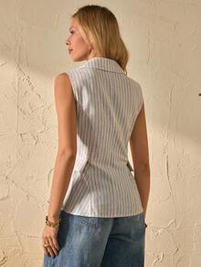Bóhologie Women's Striped Notched Collar Single-Breasted Fashionable Versatile Commuting Suit Vest Top - Multicolor - View 3