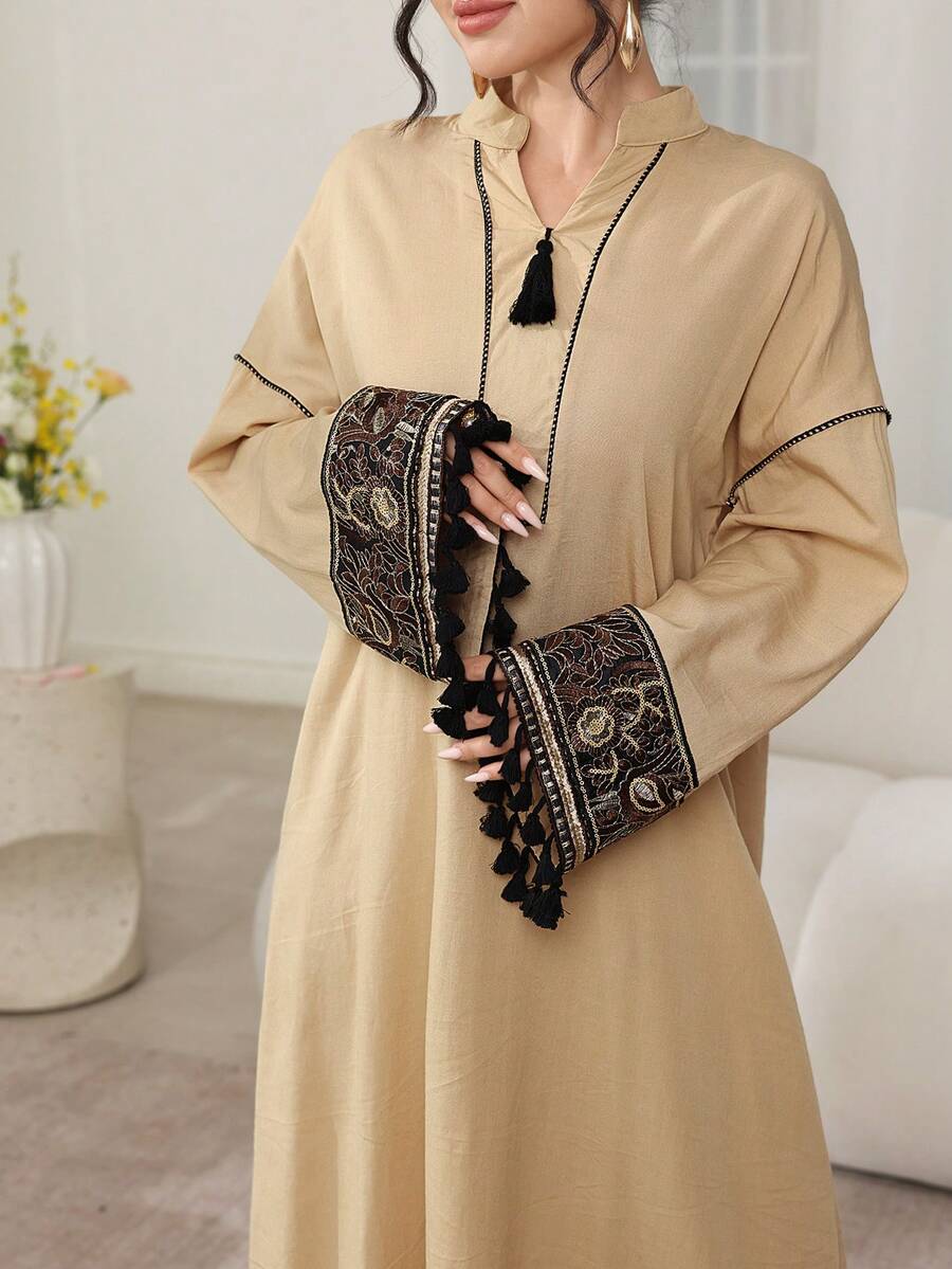 Al Najma Abaya Women's Long Robe, Exquisite Embroidered Sash Bohemian Style Dress, Middle Eastern, Dubai, Turkish - Khaki - View 1