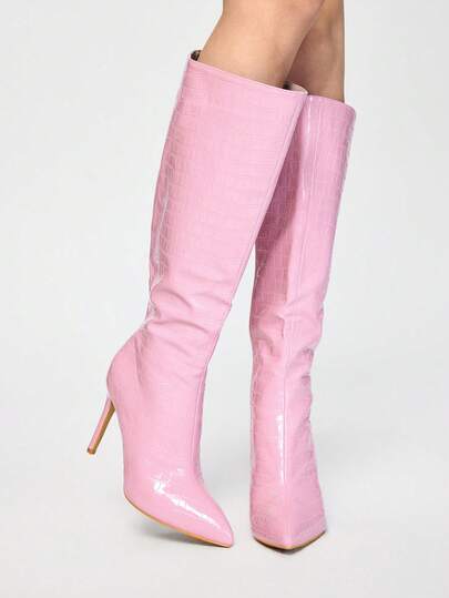 ROMWE Kawaii 经典尖头女士冬季拉链暖石纹理长靴，过膝长靴，高跟鞋