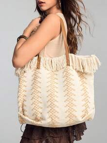 ROMWE Kawaii حقيبة كتف خفيفة الوزن من القش المزين بالخيوط، حقيبة كتف أنيقة صيفية فاخرة ، سعة كبيرة للسيدات والفتيات المراهقات والطالبات الجامعيات والعاملات المكتبيات البيضاء ، مثالية للعمل والعودة إلى المدرسة للمرحلتين الإعدادية والثانوية والكلية والرحلات - بيج - مشاهدة 2