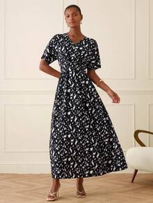 Lilora 女士优雅通勤全印花腰部连衣裙 - 黑色 - 查看 4