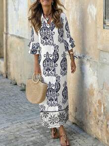 SHEIN LUNE Vintage Style Ruffled Collar Single-Breasted Loose Floral Print Long Dress For Women, Spring/Summer - Multicolor - View 1