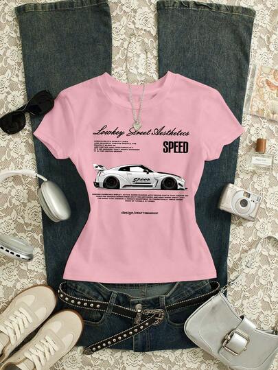 Glimmora Camiseta feminina casual de manga curta com estampa de letras e gola redonda, versátil para uso diário.