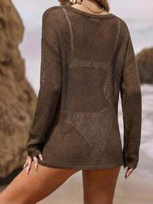 EMERY ROSE Hollow V-Neck Khaki Lightweight Sheer Cardigan - Coffee Brown - View 2