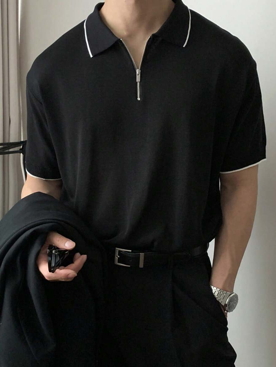 DAZY Men's 3/4 Zip Collar Black Knit Pullover Top, Summer - Black - View 1