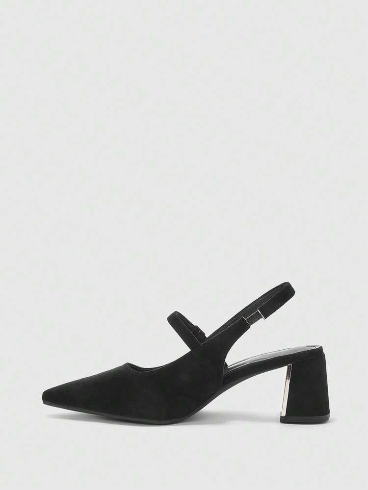 CUCCOO BIZCHIC Women Shoes Women's Pointed Toe Thick Medium Heel Black Suede Back Strap Slingback Women's High Heel Shoes Stylish And Comfortable Commuters Business Versatile Women's Slingback Shoes Spring Shoes