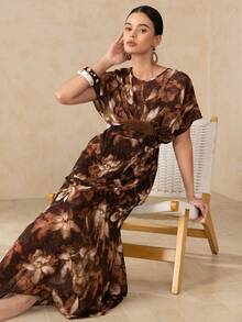 Swim Chiccia Vacation Travel Summer Women Brown Floral Print Sleeveless Dress - Multicolor - View 5