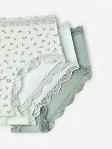 LUVLETTE 3-Pack Lace Trim Cotton Mid-Waist Basic Briefs Women Underwear Panties Set- Floral Print Lace Trim-Green - Multicolor - View 4