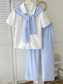 少女宽松休闲简约舒适翻领衬衫和裤子套装 - 彩色 - 查看 1