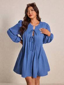 Elaquor 大码纯色缺角领系带长灯笼袖褶皱优雅连衣裙 - 藍色 - 查看 5