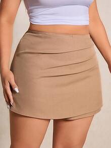 Elaquor Plus Size Solid Color Elastic Waist Skort , Spring/Summer - Khaki - View 7